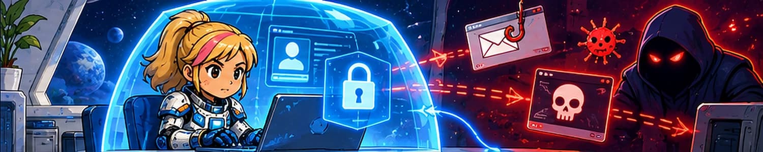 Student protected by a digital shield against phishing and malware