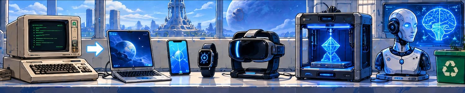 Historic and modern digital devices, a virtual-reality headset, a 3D printer, and a robot in a future laboratory